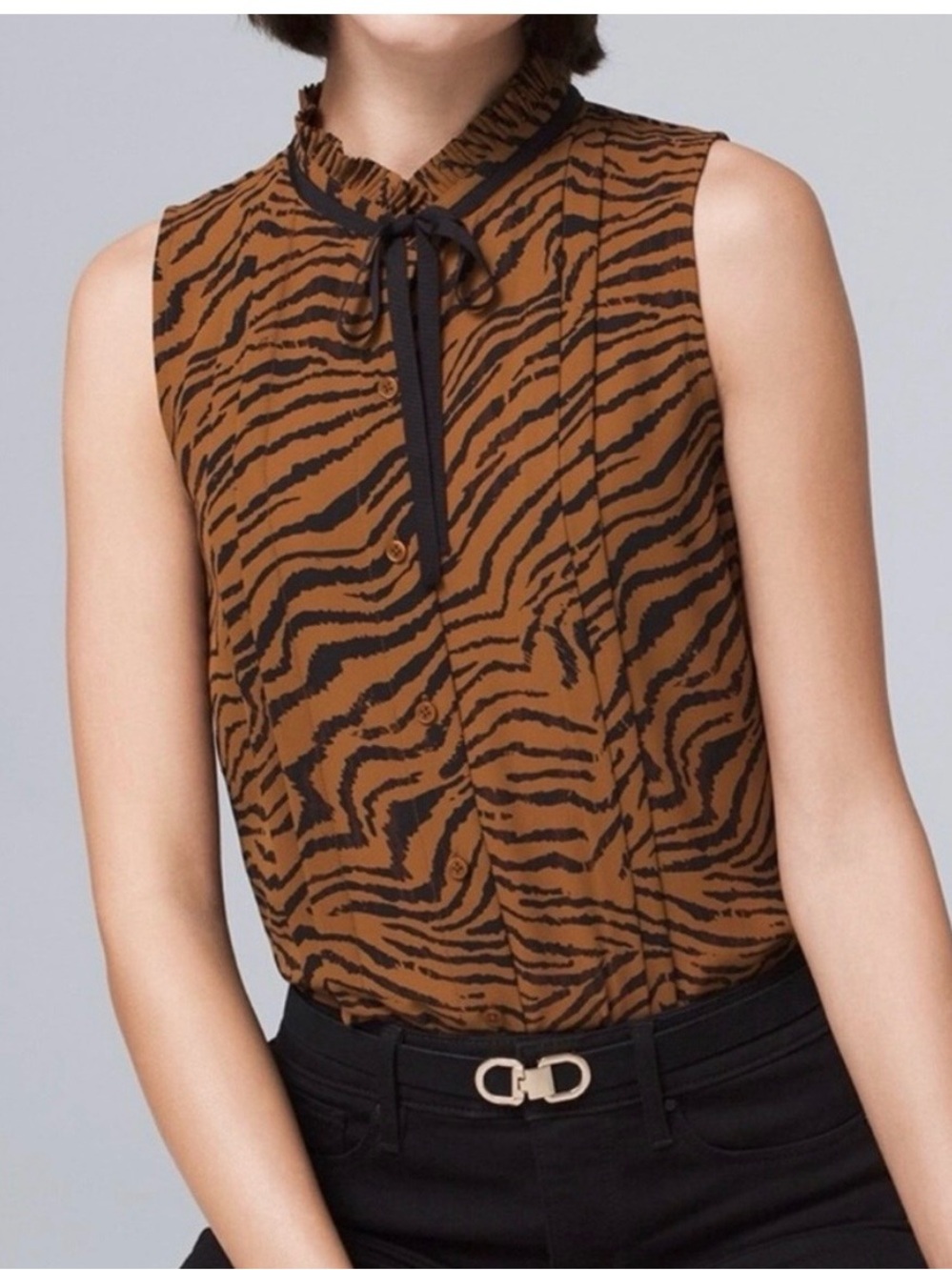 White House Black Market Brown and Black Sleeveless Tiger Zebra Animal Blouse